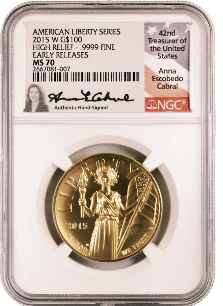 2015 W Gold Hi Relief $100 MS70 NGC ER Anna Cabral